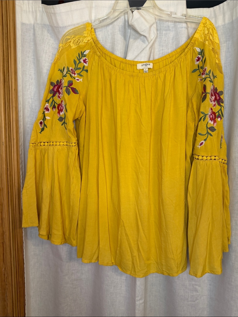 Umgee Mustard Bell Sleeve Tunic with Floral Embroidery
